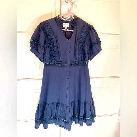 Navy Blue Lace Trim Dress - Picture 5 of 15